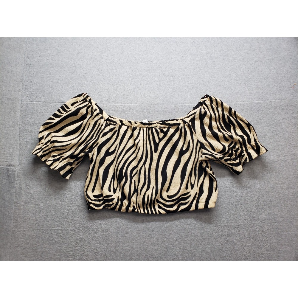 Bar III Women Blouse Top XL Brown Zebra Print Off The Shoulder Puff Sleeve City
